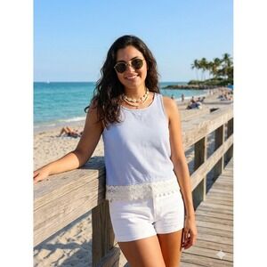 LCW Casual Blue & White Striped Cotton Lace Hem Tank Top | Coastal Cottagecore